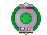 Large green silicone spill stop, 29cm wide, prevents boil-overs and acts as a splatter guard for cooking.