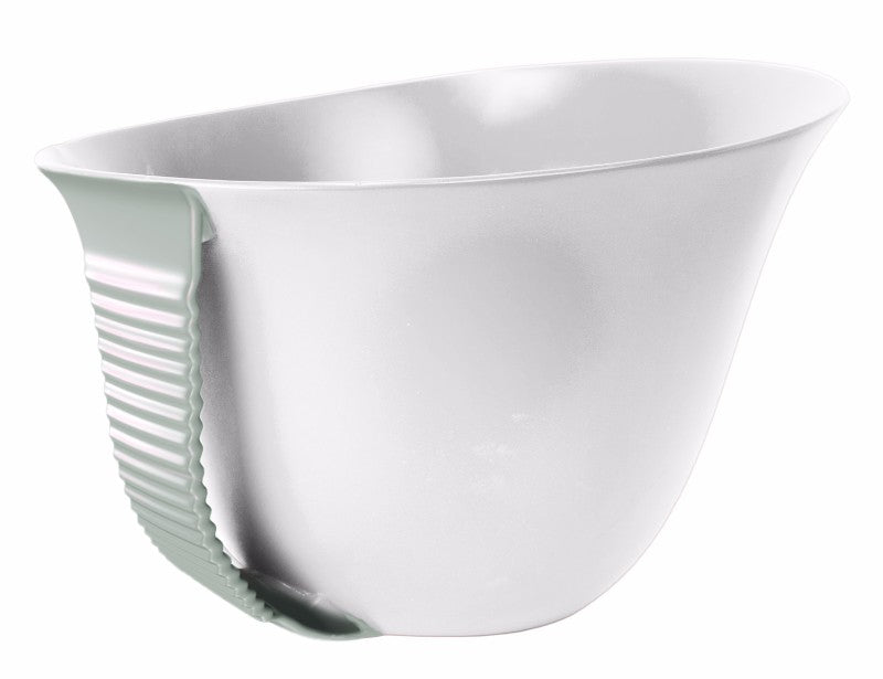 White mixing bowl with a slightly stretchy handle, perfect for comfortable and versatile mixing tasks in the kitchen.