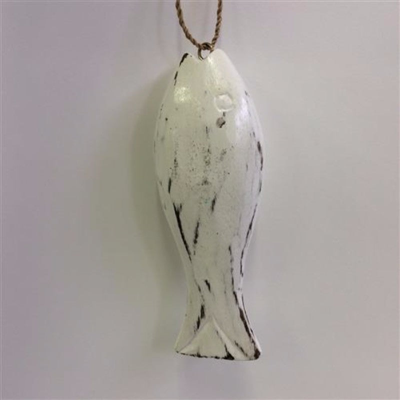 Wooden fish wall art in whitewash, 6cm x 15cm, adds coastal charm and rustic elegance to any room.