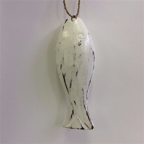 Wooden fish wall art in whitewash, 6cm x 15cm, adds coastal charm and rustic elegance to any room.