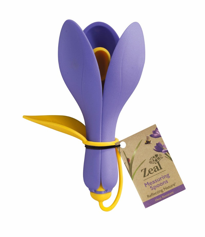 Set of five floral Crocus Measuring Spoons by ZEAL, non-stick, dishwasher safe, and designed for easy storage.