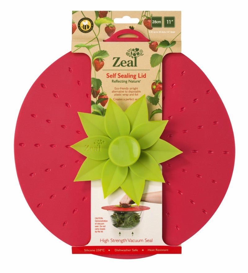 A stylish 28cm strawberry-shaped silicone lid, eco-friendly and airtight, perfect for food storage and microwave use.