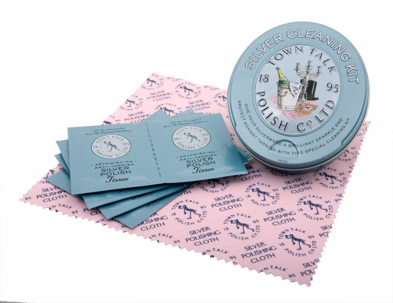 Tinned Silver Cleaning Kit featuring 8 polish tissues and a cloth, elegantly packed for effortless silver restoration.