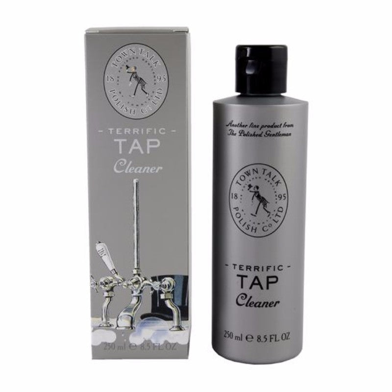 250ml Tap Cleaner in a bottle, designed to restore shine on chrome, nickel, and gold fixtures by removing grime and buildup.