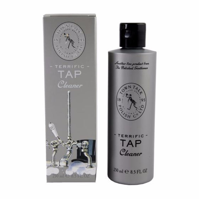 250ml Tap Cleaner in a bottle, designed to restore shine on chrome, nickel, and gold fixtures by removing grime and buildup.