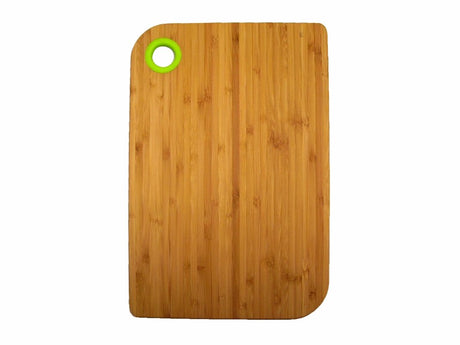 Large bamboo cutting board with vibrant green silicone trim, non-slip surface, 200 x 300mm, eco-friendly and stylish.