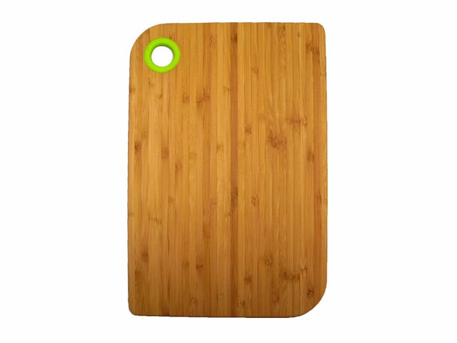 Large bamboo cutting board with vibrant green silicone trim, non-slip surface, 200 x 300mm, eco-friendly and stylish.