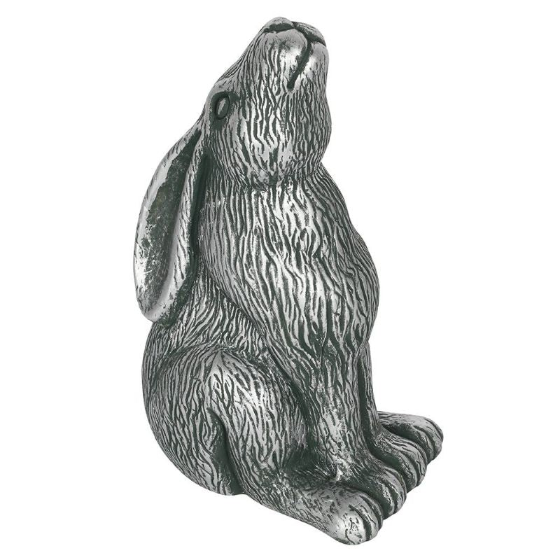 Silver terracotta hare garden ornament with detailed design, ideal for adding whimsical charm to outdoor spaces.