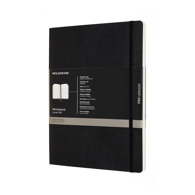 Moleskine Pro Notebook XL in black soft cover, ideal for notes and sketches with high-quality, acid-free paper and elastic closure.