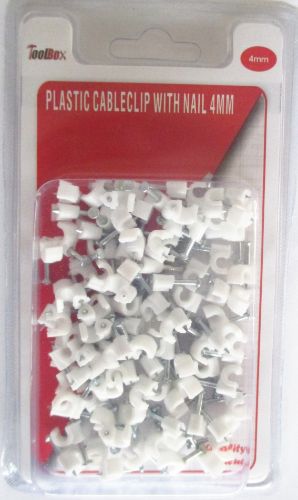 Plastic cable clips with nail, 4mm size, pack of 600, ideal for organizing and securing cords at home or office.