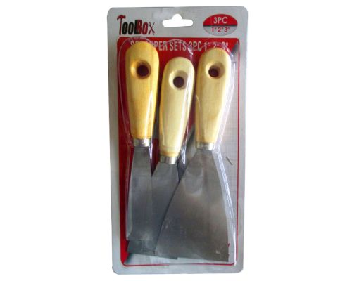 Three versatile scrappers in 2.5 cm, 5 cm, and 7.6 cm sizes, designed for scraping paint and smoothing surfaces.