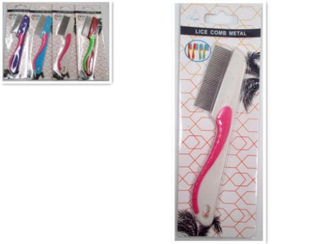 Set of 4 metal lice combs with fine teeth in assorted colors for effective lice and nit removal from all hair types.