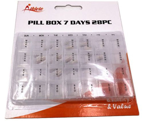 Weekly pill organizer with seven compartments, BPA-free, portable, and easy to use for daily medication management.