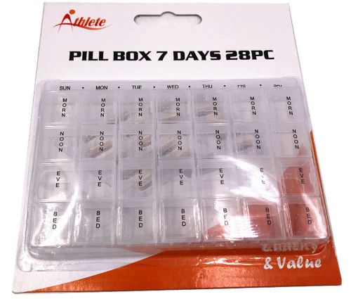 Weekly pill organizer with seven compartments, BPA-free, portable, and easy to use for daily medication management.
