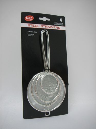 Set of 4 durable stainless steel strainers with fine mesh, ergonomic handles, ideal for draining and rinsing in the kitchen.
