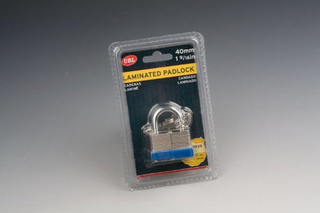 Three 40mm laminated padlocks with keys, designed for secure locking of gates, lockers, and tools, weather-resistant finish.