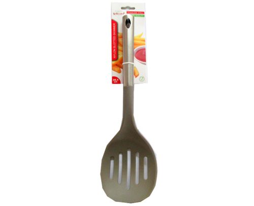 Set of 3 nylon slotted skimmers, 35.5cm long, ideal for straining and serving without scratching cookware.