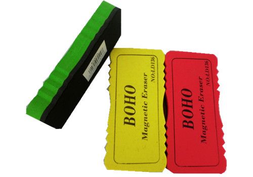 Set of 4 colorful magnetic whiteboard erasers in red, blue, green, and yellow for easy cleaning and storage.