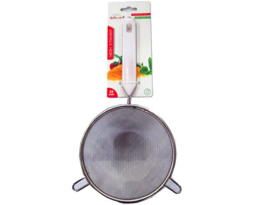 14cm stainless steel mesh strainer with ergonomic handle, perfect for rinsing, draining, and straining in the kitchen.