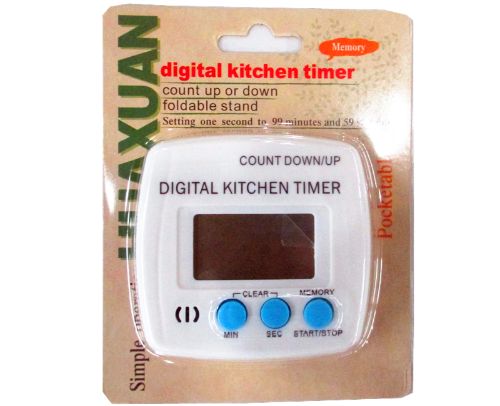 Digital kitchen timer with LCD display, foldable stand, and wide countdown range for precise cooking.