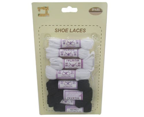 Assorted black and white premium shoelaces in 6 packs, designed for style and durability in any casual footwear.