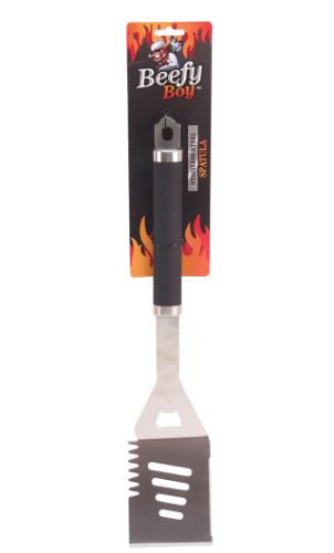 Heavy-duty 4-in-1 BBQ spatula with flipping surface, serrated edge, bottle opener, and grease-draining slot.