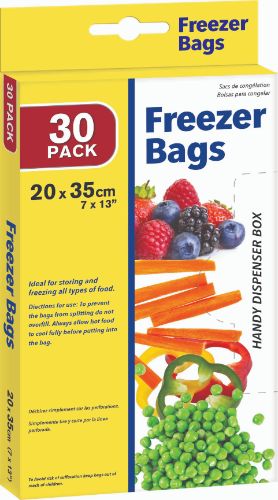 Durable BPA-free freezer bags in 6 packs, perfect for keeping food fresh and organized while preventing freezer burn.