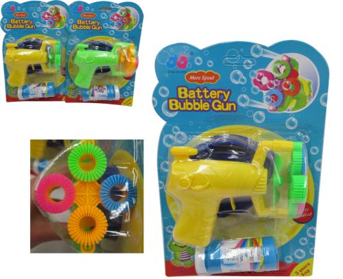 Vibrant bubble gun set in red, blue, and yellow for outdoor fun, safe for kids, perfect for parties and imaginative play.