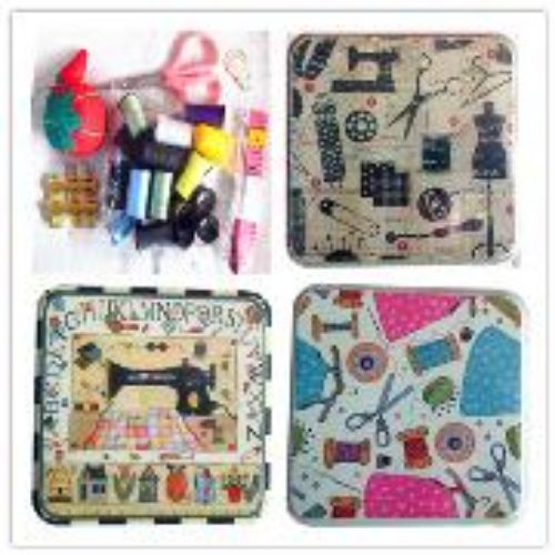 Sewing Set In Tin (Set of 2) featuring colorful threads, needles, and scissors in stylish, portable tins for all crafting needs.