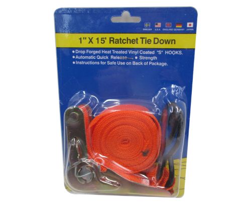 Heavy-duty 4m ratchet tie down with quick release and vinyl-coated 'S' hooks for secure cargo transport.