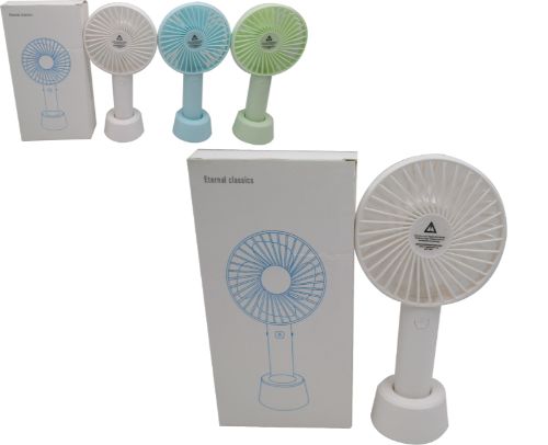 Compact rechargeable handheld fan in assorted colors, perfect for on-the-go cooling with adjustable speed settings.