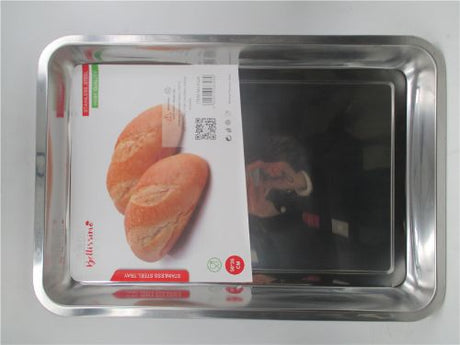 Elegant 50cm stainless steel tray with raised edges for serving appetizers and desserts, rust-resistant and dishwasher safe.