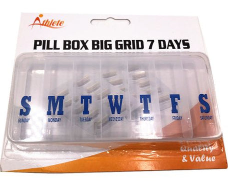 Clear plastic 7-day pill box with large compartments for easy medication organization and adherence. Perfect for daily use.