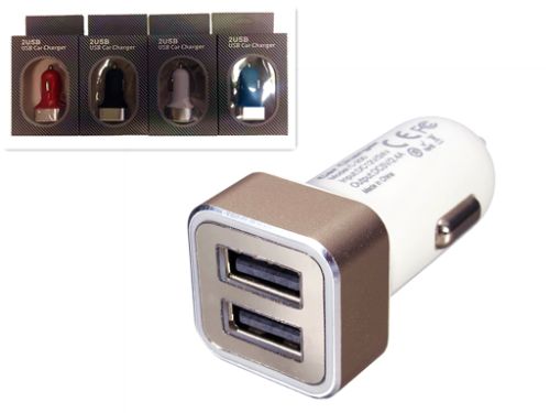 Set of 4 colorful car double USB adapters for convenient charging of multiple devices in any vehicle.