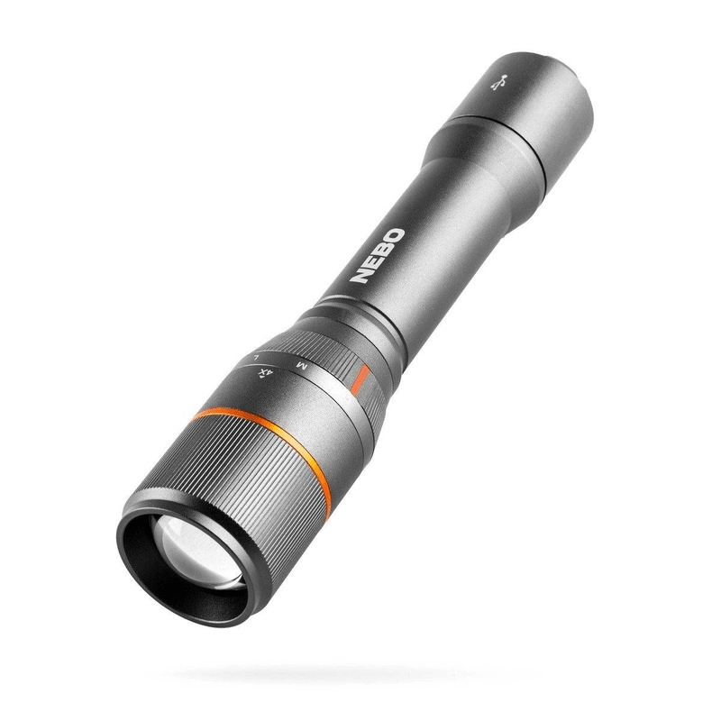 Powerful Nebo Davinci 2000 lumen flashlight, rechargeable, with 4 modes, power bank, zoom, and rugged design for outdoor use.