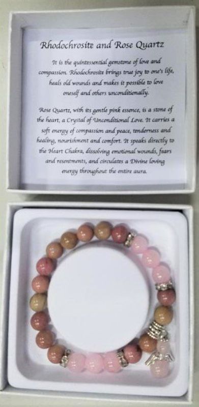 Handcrafted Rhodochrosite and Rose Bracelet showcasing vibrant pink gemstones and delicate accents for elegance and emotional balance.