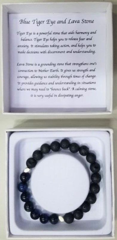 Dark blue tiger eye and lava stone bracelet, combining elegance with calming energy and adjustable fit for any wrist.