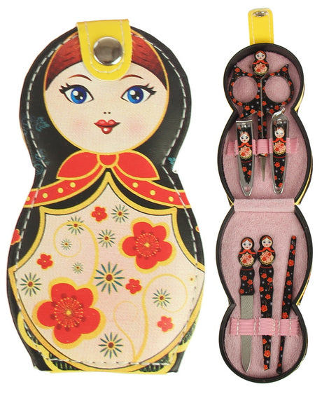 Babushka Doll Manicure Set in sleek black, featuring stainless steel nail tools in a whimsical doll design, perfect for travel and gifting.