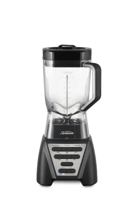 Sleek black Sunbeam Two Way Blender with 2L Tritan jug, 7 functions, and unique two-way spinning action for smooth blending.