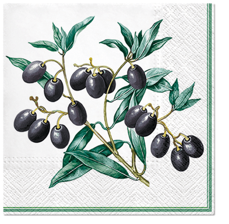 Elegant olive-themed napkins measuring 33cm, crafted from 3-ply recycled paper, perfect for enhancing any dining experience.