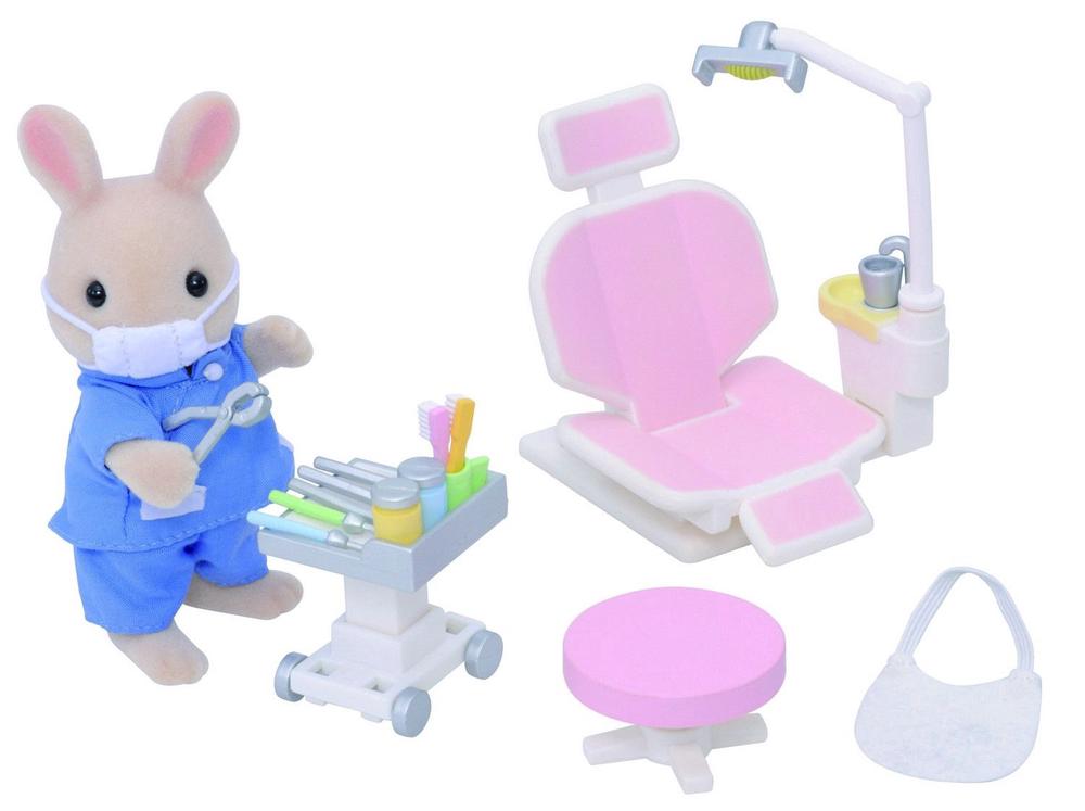 Dentist figure with dental tools for Sylvanian Families, promoting imaginative play and learning about dental care.