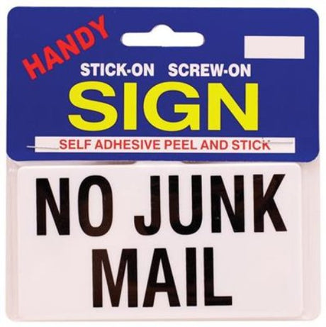 Stylish small sign prohibiting junk mail, durable, minimalist design, perfect for mailboxes or doors to reduce clutter.