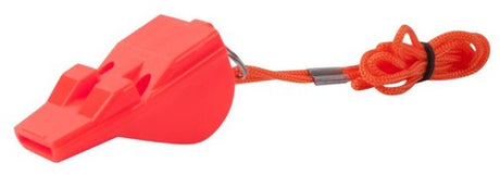 Brightly colored Campmaster Emergency Whistle, lightweight and loud, ideal for outdoor safety and emergency signaling.