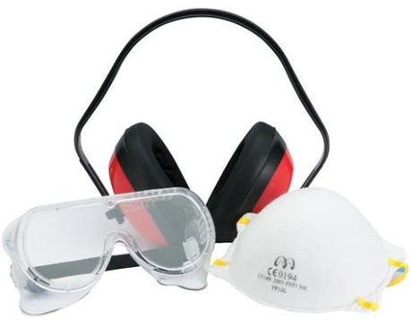 Set-3 Promark safety set includes earmuffs, dust mask, and goggles for maximum protection in various projects.