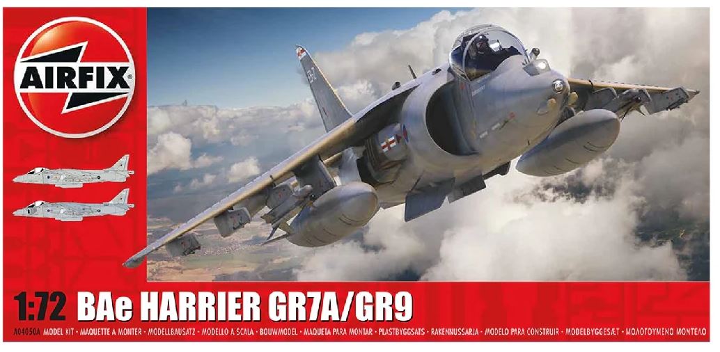 Airfix BAe Harrier GR.7A/GR.9A model kit, 1:72 scale, 126 pieces, customizable design, showcasing advanced military aircraft features.