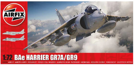 Airfix BAe Harrier GR.7A/GR.9A model kit, 1:72 scale, 126 pieces, customizable design, showcasing advanced military aircraft features.