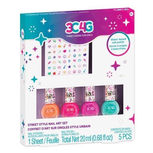 Colorful nail polish and graffiti nail stickers for kids, promoting creativity and self-expression. Perfect for ages 8+.