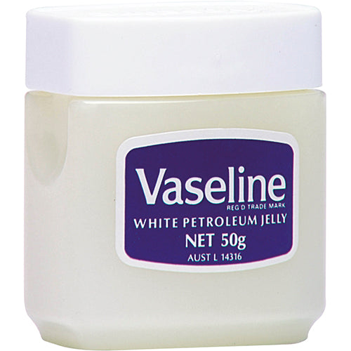 Vaseline White Petroleum Jelly 50g for moisturizing, protecting skin, soothing cuts, burns, and dry areas on-the-go.