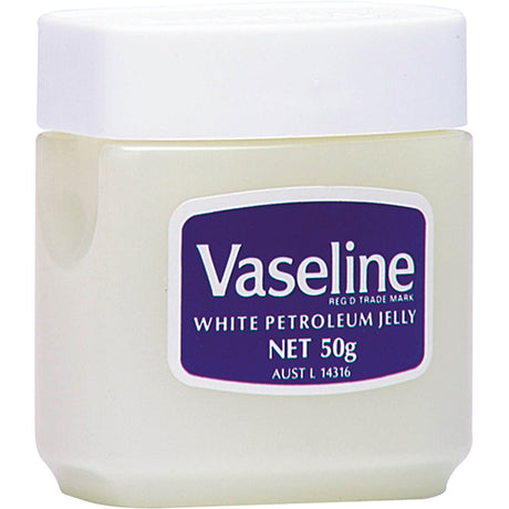 Vaseline White Petroleum Jelly 50g for moisturizing, protecting skin, soothing cuts, burns, and dry areas on-the-go.