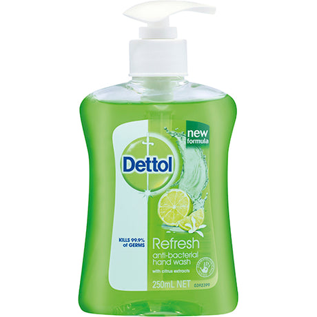 Dettol Antibacterial Lemon & Lime Hand Wash in a 250ml pump bottle, kills 99.9% of germs with a refreshing scent.